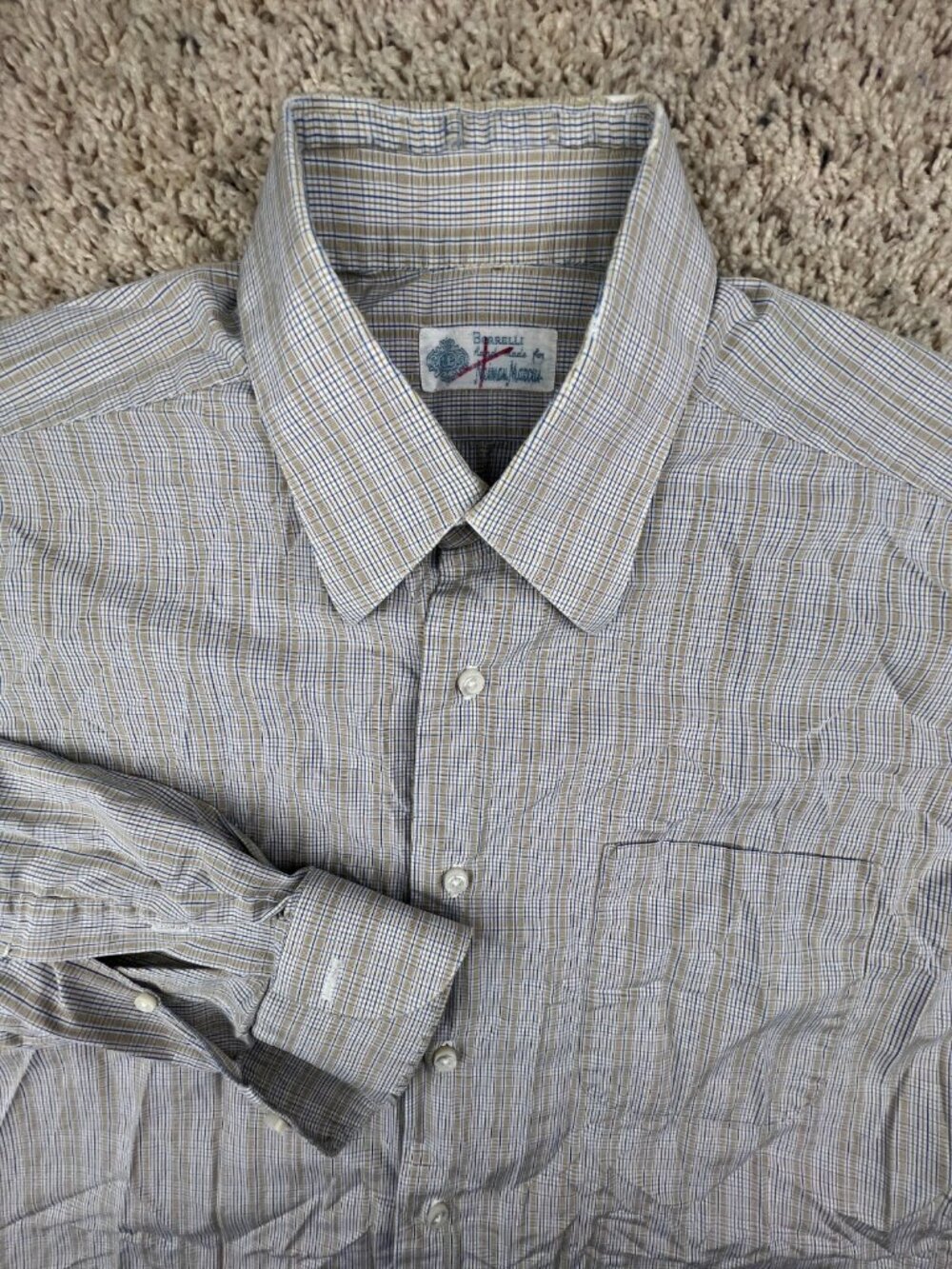 Borrelli Neiman Marcus Button Up Shirt Long Sleeve Blue Gold Plaid Italy 15.5